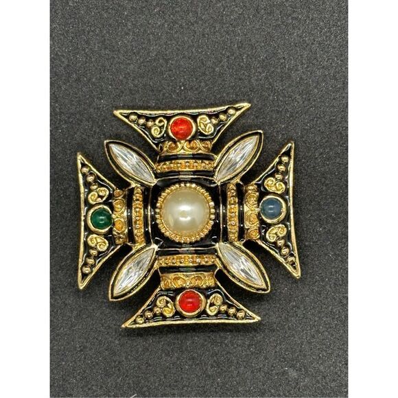 Fabulous Vintage 1980s? Gold And Black Gripoix Maltese Cross Classic Statement B - Picture 1 of 4